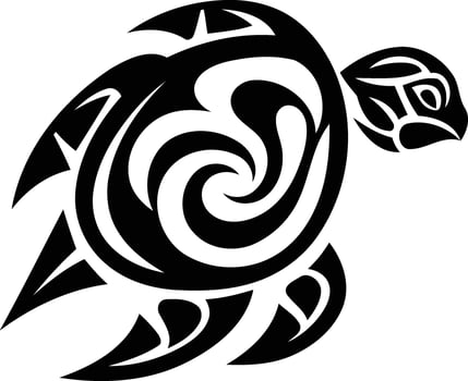 A bold, stylized tribal tattoo design of a turtle in black and white vector