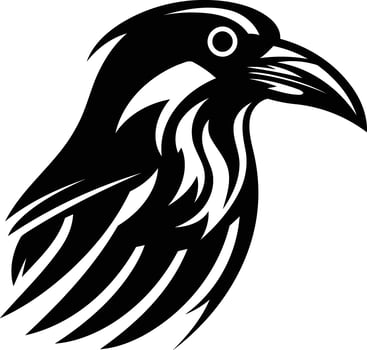 Stylized black and white raven head tattoo design, perfect for graphic design projects, branding, or tattoos vector