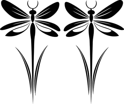 Two stylized black dragonfly silhouettes with intricate details, perfect for nature, tattoo, and design projects vector