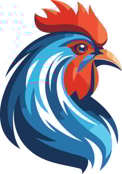 Rooster Head with Blue and Red Feathers vector