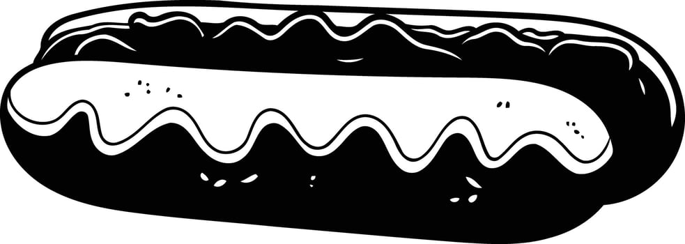 Simple black and white illustration of a classic hotdog with mustard and relish vector