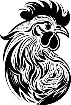 A bold and striking black and white illustration of a rooster, rendered in a tribal tattoo style vector