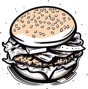 Deliciously Drawn Burger with Sesame Seed Bun vector