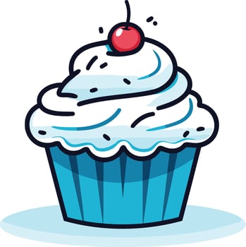 Cartoon Illustration of a Blue Cupcake with White Frosting and a Cherry vector