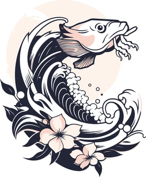 Japanese style Illustration of a Fish Leaping from the Waves vector