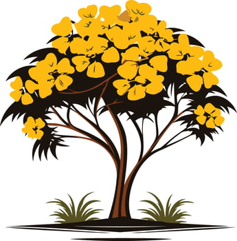 Yellow Flowered Tree with Lush Green Grass vector