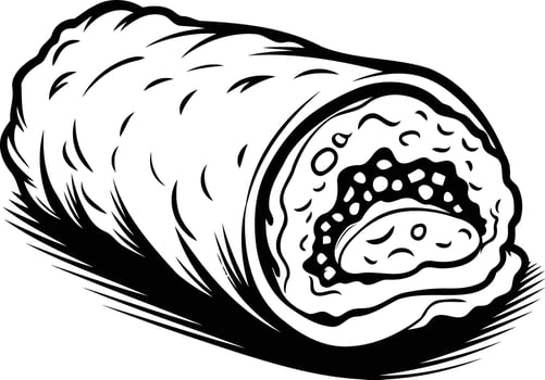 A black and white illustration of a rolled burrito, perfect for menus, packaging, and branding for mexican food businesses vector