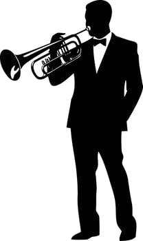 A dramatic silhouette of a man in a suit playing the trumpet vector