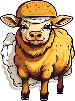 Cartoon Sheep Wearing a Burger Bun Hat vector