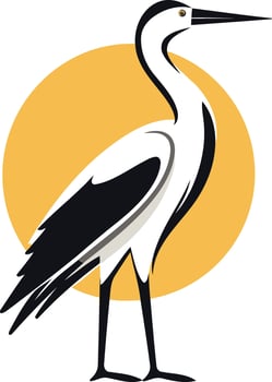Elegant White Heron with Black Feathers against a Yellow Sun vector