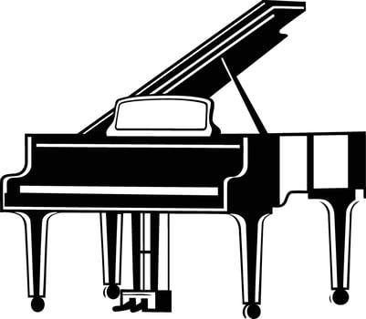 A simple, black and white illustration of a grand piano with the lid open vector