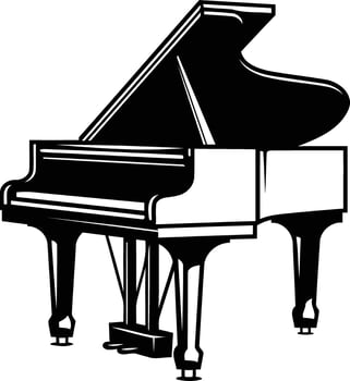 A classic grand piano, rendered in a simple black and white silhouette vector