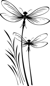 Elegant black and white silhouette of two dragonflies perched on blades of grass vector