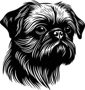 A striking black and white illustration of a brussels griffon dog's head, perfect for pet related designs, tattoos, and branding vector