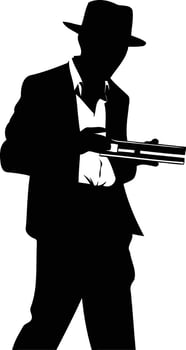 Silhouette of a man in a fedora holding a gun, perfect for noir themed designs, crime novels, or gangster movie posters vector