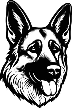 Black and white element illustration of a german shepherd's head, perfect for t shirt designs, logos, and more vector