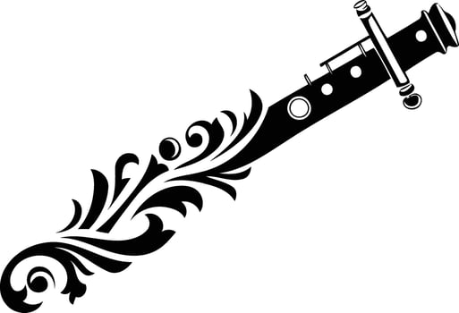 A stylish black and white illustration of a sword adorned with ornate floral details vector