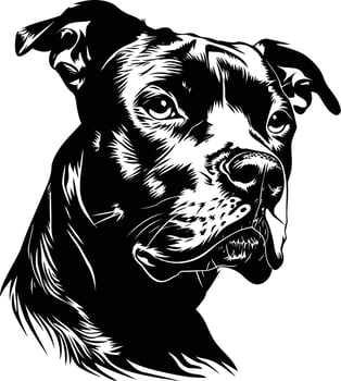 A striking black and white illustration of a pit bull's head, showcasing its strong features and intense gaze vector