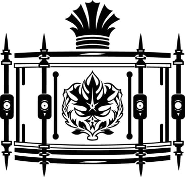 Black and white element illustration of a snare drum with a stylized floral design vector