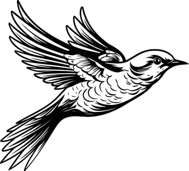 A detailed black and white illustration of a bird in flight, perfect for tattoo designs, branding, and nature themed projects vector