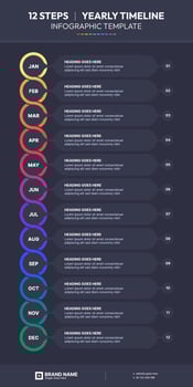 Yearly Timeline Planner Organizer, Process Workflow Infographic Template with 12 Data Points vector