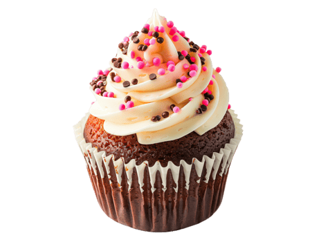 Delicious chocolate cupcake topped with vanilla frosting, pink and brown sprinkles. png