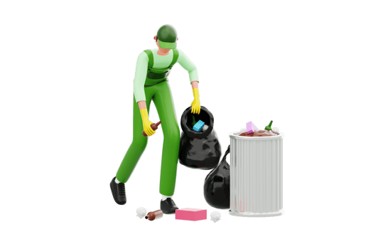 Janitor collecting waste into black polyethene bag 3d illustration. Man Collecting Garbage 3D Illustration png