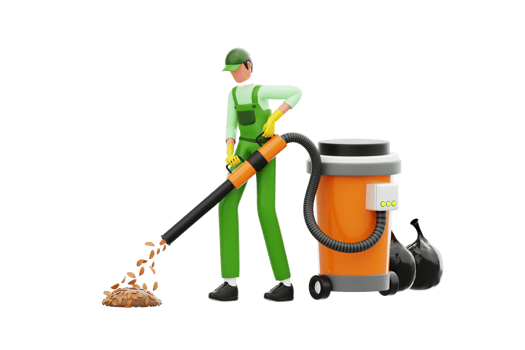 Cleaning staff collecting garbage with a vacuum cleaner 3d illustration. Male janitor collecting garbage 3d illustration png