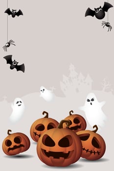 3D Halloween pumpkins, ghost, bats and spider on vertical gray background graphic illustration have blank space. vector