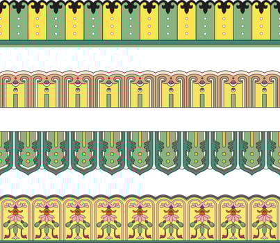 color set of seamless Chinese national borders. Endless ethnic ornaments of the peoples of the East, China, Hong Kong, Taiwan, Korea, Malaysia, Singapore, Vietnam. vector