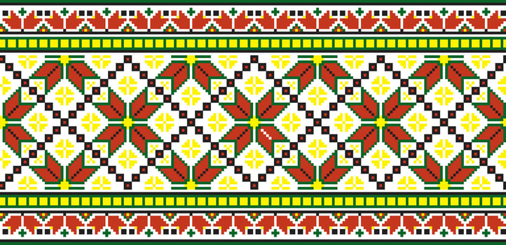 colored seamless Ukrainian national ornament, embroidery. Endless ethnic floral border, Slavic peoples frame. Red cross stitch. vector