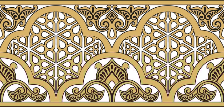 golden seamless oriental national ornament. Endless ethnic floral border, arab peoples frame. Persian painting. vector