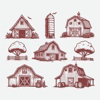 Hand Drawn Farm Barns and Trees Sketch Illustrations vector