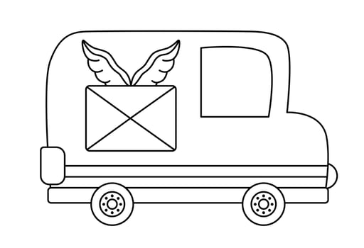 black and white post truck. Funny line transportation for kids. Cute vehicle for delivering mail clip art. Special transport icon or coloring page isolated on white background vector