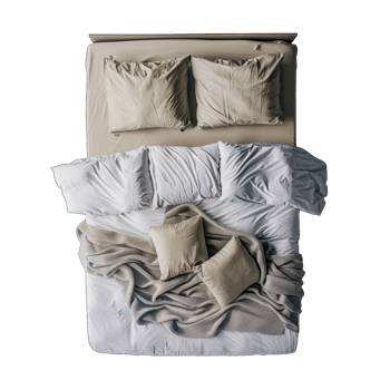 Top view of an unmade bed with beige and white pillows, wrinkled sheets, and a cozy knitted blanket cut out on transparent background png