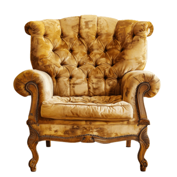 Vintage Luxurious Gold Velvet Armchair with Elegant Carved Wood Details cut out on transparent background png