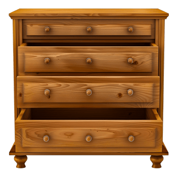 Antique wooden dresser with ornate handles and open drawers, rustic furniture piece cut out on transparent background png