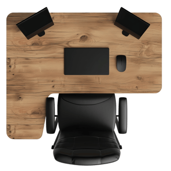 Top View of Modern Wooden Office Desk with Dual Monitors, Keyboard, and Black Office Chair in Minimalist Workspace cut out on transparent background png