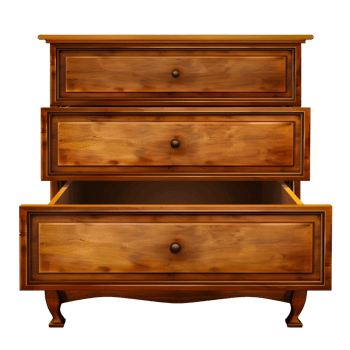Antique wooden dresser with ornate handles and open drawers, rustic furniture piece cut out on transparent background png