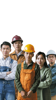 Worker team in various uniforms and helmets png