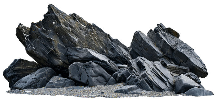 Detailed Close-Up of Large, Dark, Layered Rock Formation with Pebble Beach cut out on transparent background png