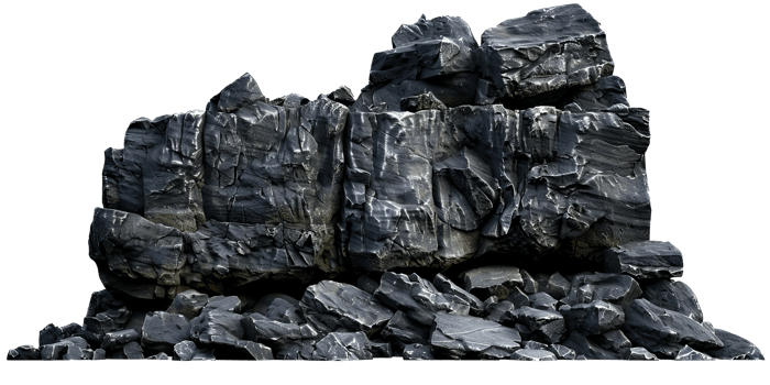 Detailed Close-Up of Large, Dark, Layered Rock Formation with Pebble Beach cut out on transparent background png