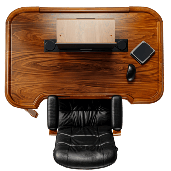 Top view of luxurious wooden desk with black leather chair, modern monitor, mouse, and tablet, elegant office setup cut out on transparent background png