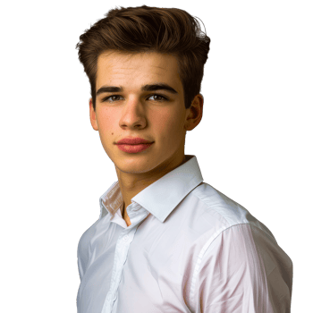 Young handsome man in white shirt, professional studio portrait with neutral background, serious expression, cut out transparent png