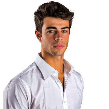 Handsome young man in a crisp white shirt with a confident expression and modern hairstyle, cut out transparent png