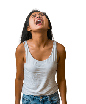 Woman expressing intense frustration or anger, head tilted back, eyes closed, mouth open, in a white tank top and jeans, cut out transparent png