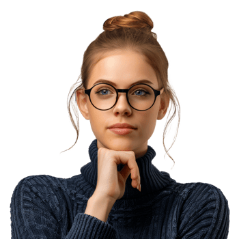 Thoughtful Young Woman with Glasses and Top Knot Hairdo in Blue Sweater, cut out transparent png