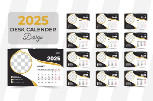 abstract modern new year 2025 desk calendar design template.2025 Desk Calendar Template Design,. Twelve page Desk calendar design for 2025. Desk calendar vector