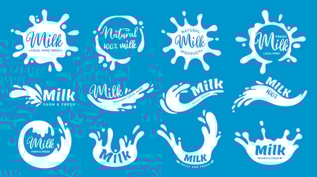 Dairy splashes logo. Cartoon milk emblem stain, drop, blots, round shapes, wave with lettering. Sticker and label for dairy groceries in shop, market. Silhouette milky elements vector