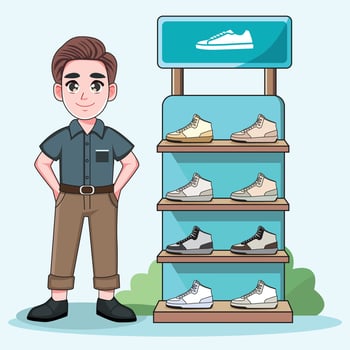 The salesperson displays a wide range of athletic footwear within the specialized store. vector